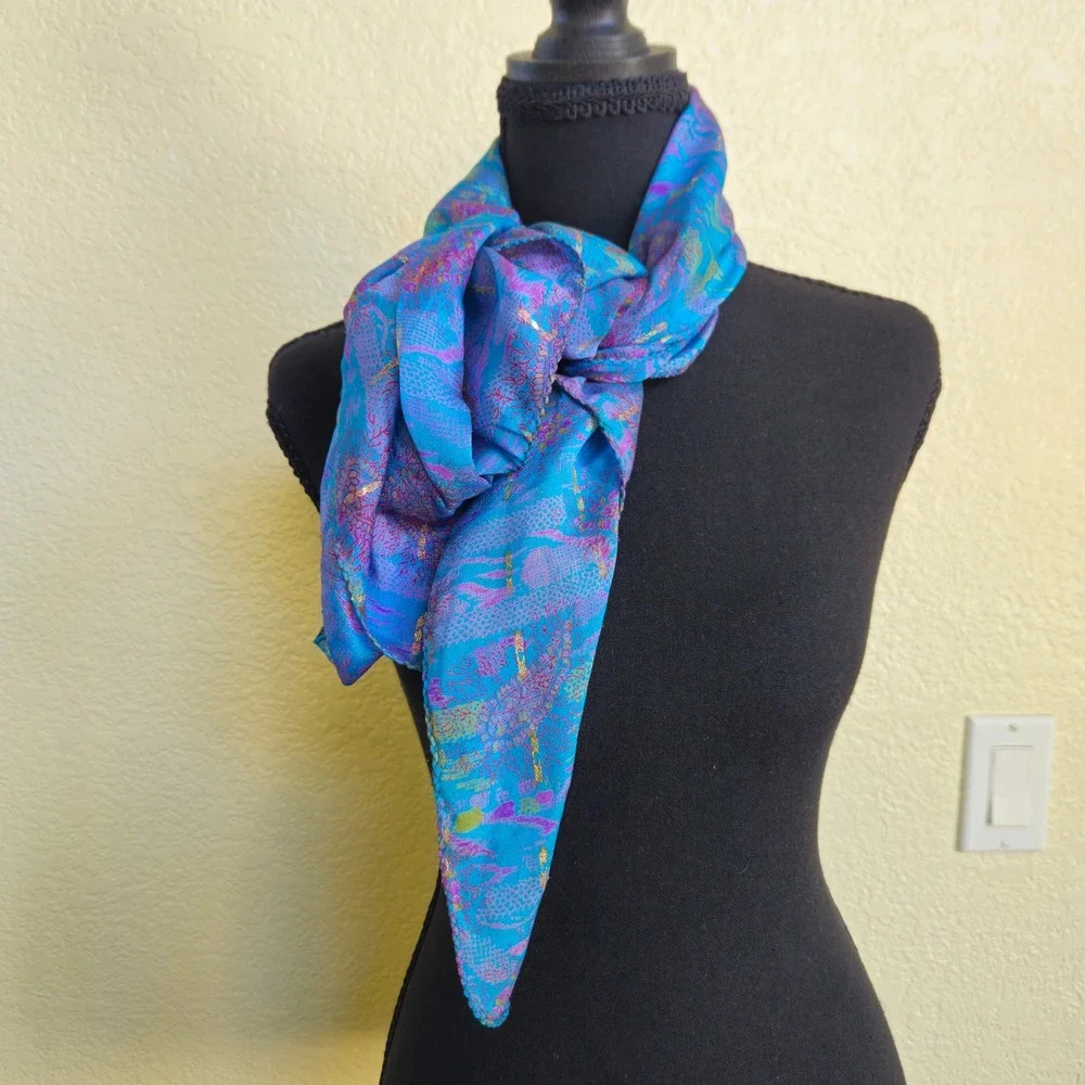 Vintage Silk Paisley Scarf Turquoise Purple Gold Metallic 35x34 Luxury Old Money